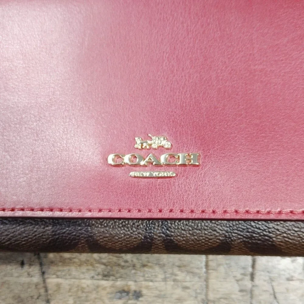 Coach Signature Slim Trifold Wallet Red Brown Black EXCELLENT CONDITION